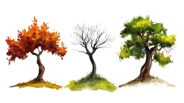 realistic image of tree in 3 different seasons  isolated on transparent background