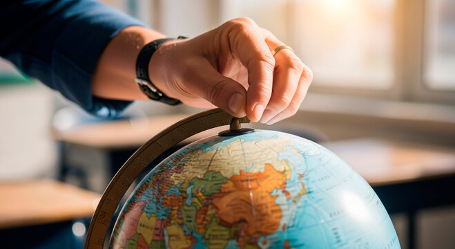 Person Hand Spinning a Globe in a Classroom
