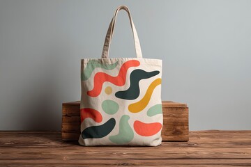 Canvas tote bag featuring retro abstract shapes in red yellow green and dark gray set on a wood surface