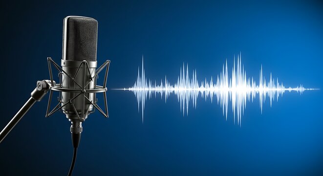 Microphone recording studio sound wave audio production voice over podcasting music industry equipment