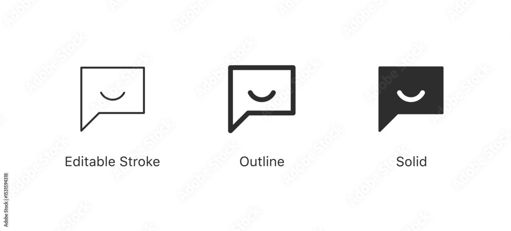 Poster chat speech bubble icon with a happy smiley face in editable stroke, outline, and solid styles, for 