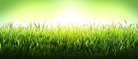 Fototapeta premium Lush green grass blades illuminated from above against a bright, blurred green and white background