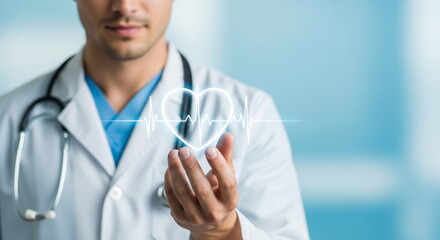Man doctor holding a heart full of a glowing pulse. Concept of medicine, cardiology and health. Good for medical banner.
