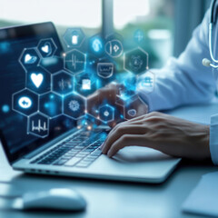 Obraz premium Health Insurance, telemedicine, virtual hospital, family medicine concept. Doctor using laptop computer with health care icons, medical technology background, health insurance business