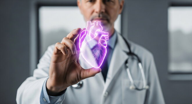 Caucasian man doctor holding virtual glowing heart. Digital medical diagnosis and health care. Modern technology.