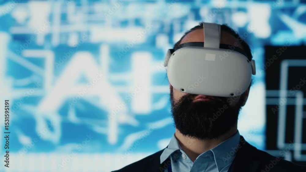 Poster it engineer works with vr headset and artificial intelligence brain, employs algorithmic programming
