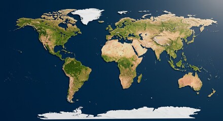 World map formed by natural textures like forest, ocean, desert, and ice for each continent, viewed from above, symbolic of Earth's diversity, eco-friendly visual concept, high-resolution
