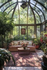 Sun-drenched conservatory with plush seating and greenery