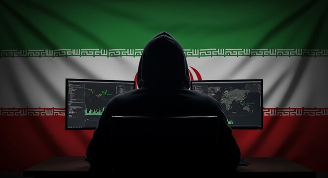 Iranian hacker cyber security threat concept with hooded figure and iran flag background computer screen