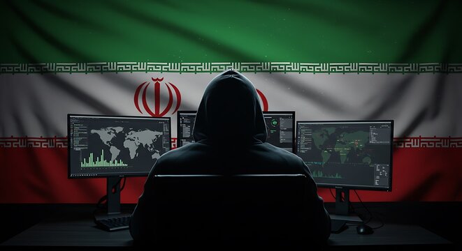 Iranian hacker cyber security concept hooded figure in front of monitors with iran flag background