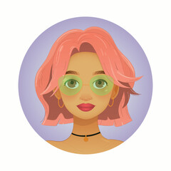 Stylish Girl Portrait – Pink Hair and Glasses. Vector illustration. EPS