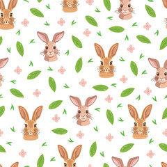Rabbit animal seamless pattern. Flat vector clipart, illustration with isolated background.