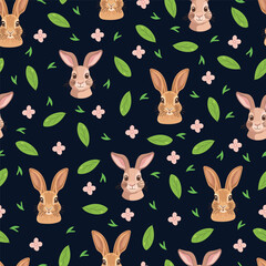 Rabbit animal seamless pattern. Flat vector clipart, illustration with isolated background.