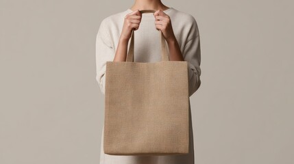Person holding a brown burlap tote bag with two hands