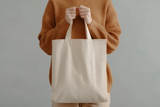 Person holds a blank beige tote bag against a neutral background wearing a brown sweater