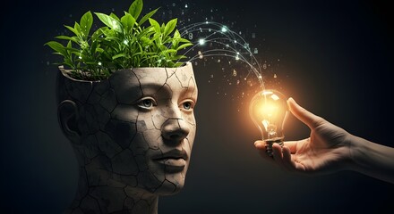 Cracked Ceramic Face with Emerging Plant and Glowing Digital Network in Futuristic Surreal Scene

