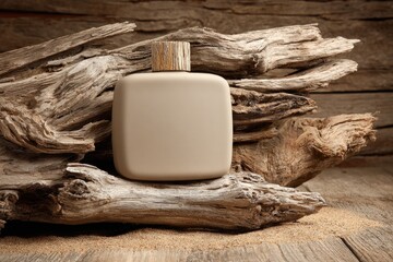 Beige perfume bottle sits atop driftwood