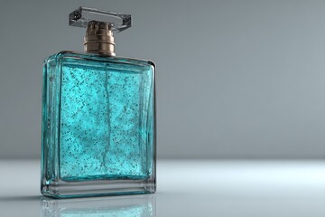 Teal glass perfume bottle,  faceted top,  reflective surface