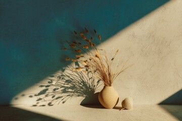 Beige vase with dried grasses, sunlit shadow