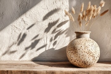 Rustic vase with dried grasses, sunlit shadows