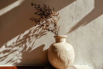 Beige vase with dried grass, sunlit shadows