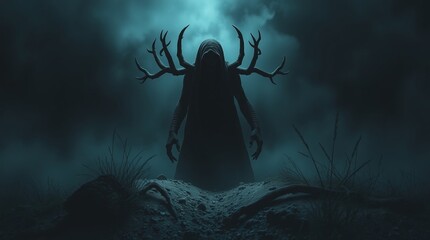 eerie, creepy anthropomorphic monster on gloomy dark landscape