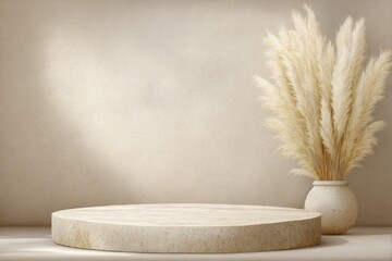 Beige, minimalist, round podium with pampas grass