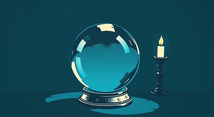illustration of fortune teller crystal ball standing with vintage candle