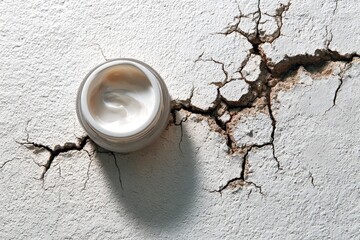 Creamy jar of moisturizer on cracked white surface