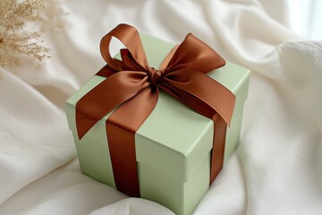 Light green gift box with brown ribbon