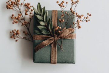 A muted green gift box, adorned with dried branches and leaves, sits on a white background