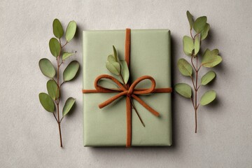 Light green gift box, tied with tan ribbon, decorated with eucalyptus sprigs