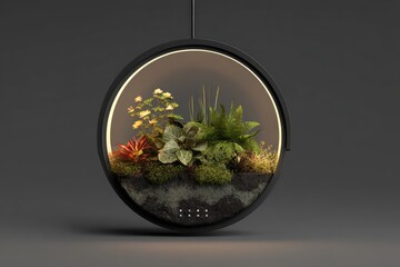 Circular planter, hanging, modern design, lit from within