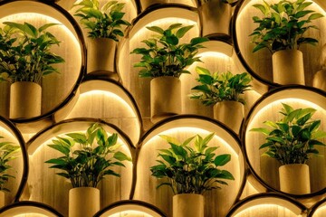 Circular wall display of potted plants