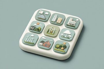 Square interface with 9 stylized, 3D icons depicting various environmental elements, including buildings, renewable energy, and nature.  