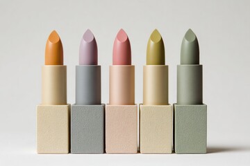 Five colorful lipsticks in muted tones, arranged in a row on light beige, pastel-colored stands