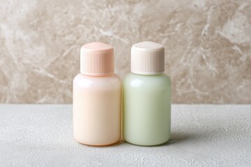 Two small, pastel-colored bottles of lotion or serum sit on a light gray surface against a marbled beige backdrop
