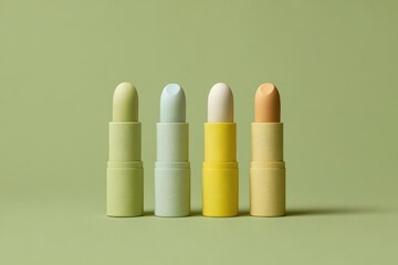 Four pastel-colored lip balms in simple tubes arranged in a row against a muted sage green background