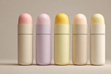 Five pastel-colored cylindrical containers, likely for personal care products, are displayed in a row against a neutral backdrop.  Each container features a rounded top and a smooth, minimalist design