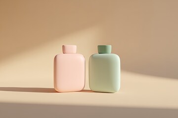 Two pastel-colored bottles on a beige backdrop.  Soft light casts subtle shadows.  Simple, minimalist design