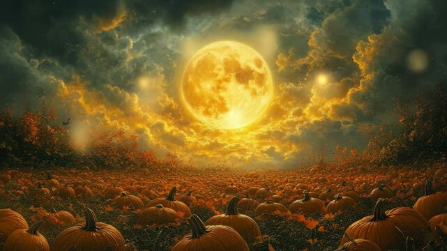 A luminous full moon casts a golden glow over a sprawling field of pumpkins, surrounded by vibrant fall foliage and an enchanting atmosphere, perfect for celebrating autumn's beauty.