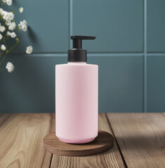 A chic and trendy pink pump bottle elegantly placed on a beautiful wooden surface