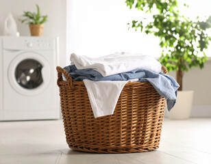 Laundry Basket of Clean Clothes in a Bright Bathroom - Fresh and Clean Laundry