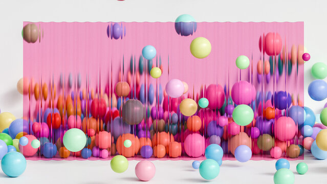 3d render, abstract geometric background. Colorful balls behind pink ribbed glass wall, modern wallpaper
