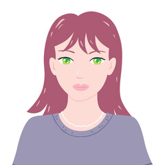 Beautiful girl or young woman with green eyes wearing grey t-shirt, flat design portrait illustration isolated vector