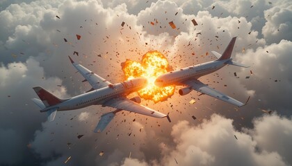 Two planes collide midair, scattering burning debris in the sky, ideal for catastrophic aviation concept art