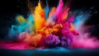 colorful powder exploding creating a vibrant cloud of colors on black background
