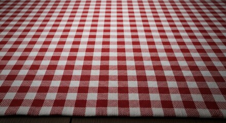 Red and White Gingham Tablecloth on a Wooden Surface, Perspective View