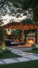 Fototapeta premium Outdoor patio with pergola, fire pit, and seating