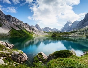 beautiful view of a lake surrounded by rocky mountains and greenery